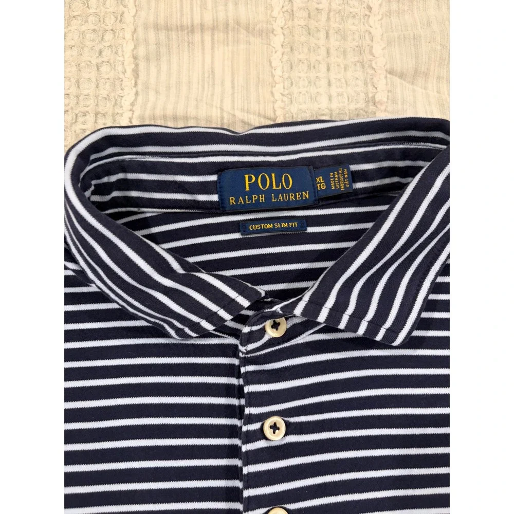 Polo Ralph Lauren Mens Custom Slim Fit Striped Polo Shirt Navy Blue XL